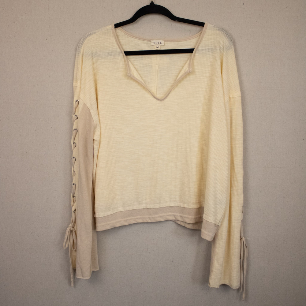 POL Women's Long Sleeve Lace-Up Detail Top in Cream